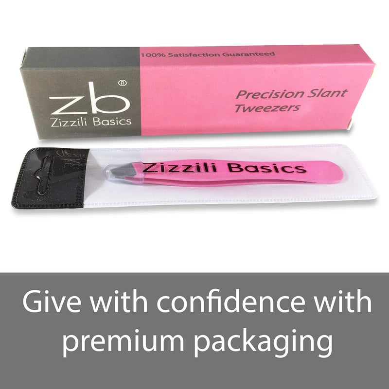Zizzili Basics Tweezers â€“ Surgical Grade Stainless Steel - Slant Tip for Expert Eyebrow Shaping and Facial Hair Removal â€“ with Protective Pouch (Bubblegum Pink) - Image 4